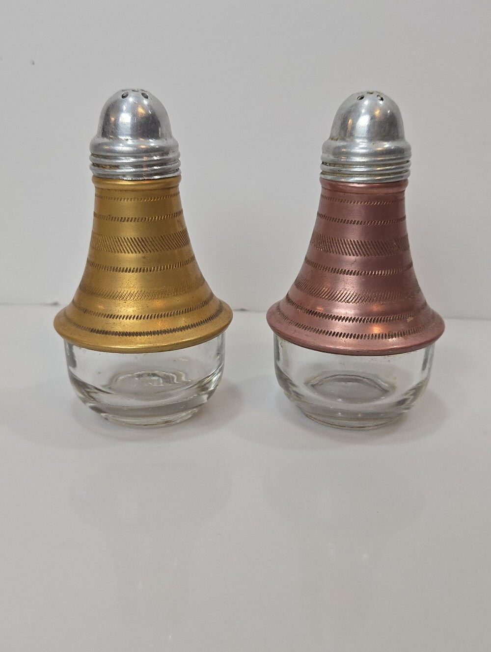 Vintage Glass Salt & Pepper Shakers with Gold and Rose Metal Tops